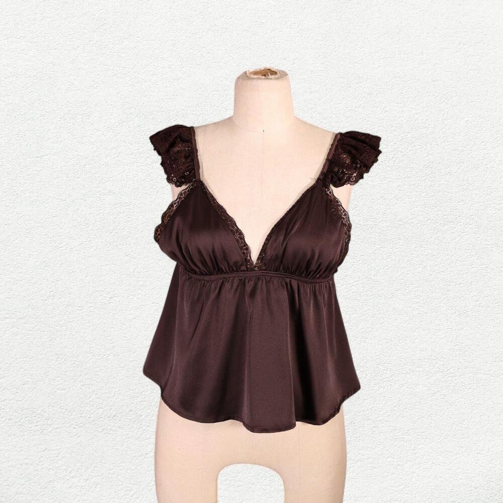 AiiRZ Satin Lace Camisole V-Neck Blouse Top in Brown